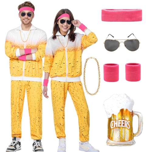 Angenster 80er Jahre Kostüm Herren Damen 80er 90er Jahre Muschelanzug Retro Dress Up 80er Jahre Disco Outfit mit Jacke Hose Schweißband Brille Ballon Halskette 90er Jahre Faschingskostüm für Karneval von Angenster