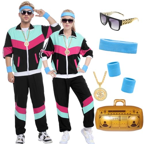 Angenster 80er Jahre Kostüm Herren Damen 80er 90er Jahre Muschelanzug Retro Dress Up 80er Jahre Disco Outfit mit Jacke Hose Schweißband Brille Ballon Halskette 90er Jahre Faschingskostüm für Karneval von Angenster