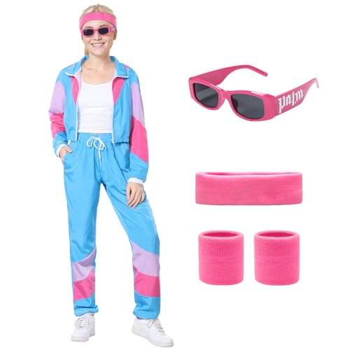 Angenster 80er Jahre Outfit Damen, 80/90 er Outfit Damen 80er Jahre Bekleidung mit Jacke Hose Schweißbänder Brille, 90er Jahre Outfit Damen Bad Taste Outfit für Karneval Mottoparty (Blau, L) von Angenster