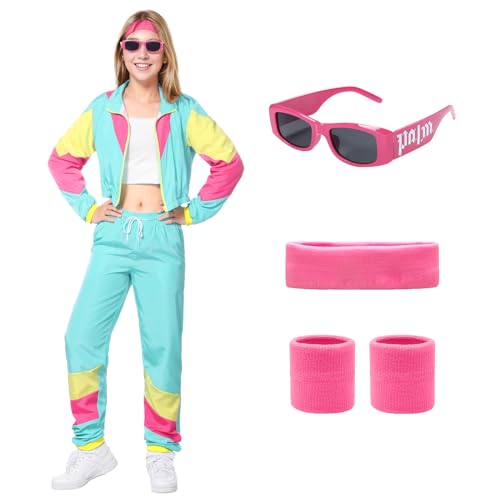 Angenster 80er Jahre Outfit Damen, 80/90 er Outfit Damen 80er Jahre Bekleidung mit Jacke Hose Schweißbänder Brille, 90er Jahre Outfit Damen Bad Taste Outfit für Karneval Mottoparty (Cyan, L) von Angenster