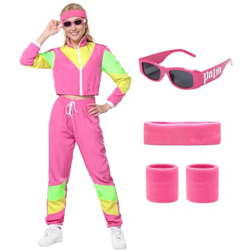 Angenster 80er Jahre Outfit Damen, 80/90 er Outfit Damen 80er Jahre Bekleidung mit Jacke Hose Schweißbänder Brille, 90er Jahre Outfit Damen Bad Taste Outfit für Karneval Mottoparty (Rot, M) von Angenster