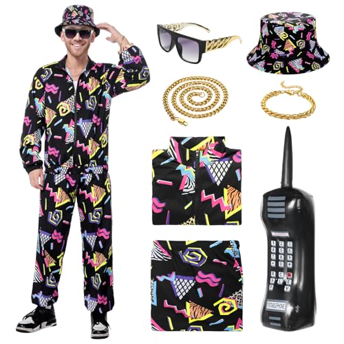 Angenster 80er Jahre Outfit Set, Bad Taste Outfit Herren Damen 80er 90er Outfit 80er Jahre Kleidung mit Jacke Hose Hat Brille Halskette Ballon, 90er Jahre Outfit für Karneval Mottoparty (Schwarz, XL) von Angenster