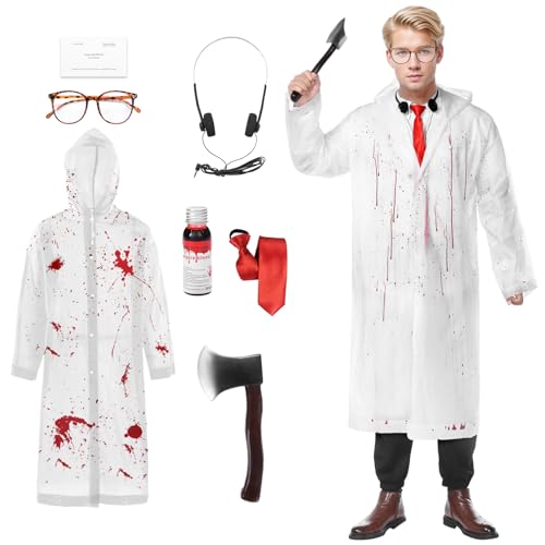 Angenster American Psycho Kostüm Set, Halloween Kostüm Gruselig Bateman Cosplay Regenmantel mit Kunstblut Fake Axt Brille Kopfhörer Visitenkarte Krawatte, Blutige Horror Metzger Kostüm für Halloween von Angenster