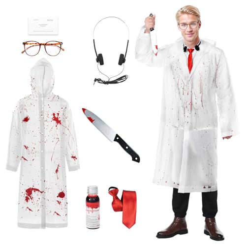 Angenster Amerikanisches Psycho-Kostüm, Halloween-Kostüme für Herren, Bateman, Cosplay, transparenter Regenmantel mit Krawatte, Messer, Visitenkarte, Kunstblutbrille, Kopfhörer, Psycho-Kostüm für von Angenster