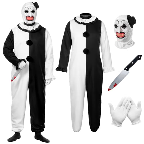 Angenster Art The Clown Kostüm Set, Halloween Kostüm Herren Horror Kostüm Terifier Outfit mit Clown Maske Handschuhe Blutiges Zubehör, Horrorfilm-Killer-Kostüm für Halloween Karneval (Erwachsene, S) von Angenster