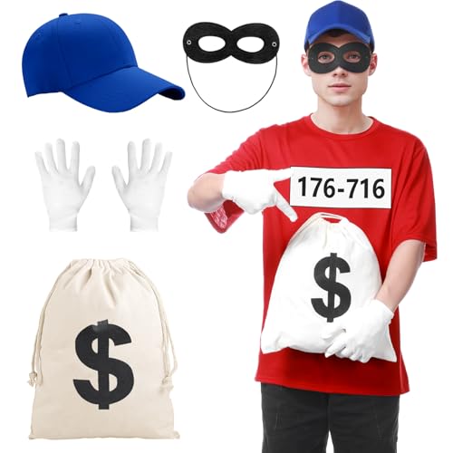 Angenster Bande Verkleidung T Shirt, Panzerknacker Kostüm Karneval Outfit mit Kurzarm-Shirt Maske Handschuhe, T-Shirt Herren Banditen Fasching Karneval Kostüme für Herren Damen (Stil A, L) von Angenster