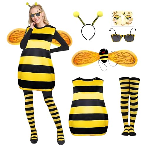 Angenster Bienen Kostüm Set für Damen, Tier-und Naturkostüm für Erwachsene Damen mit Bienen Flügel Tutu Rock und Bienen Haarreif Beinärmeln Kostüm Accessorie, Bienen Kostüm Karneval Outfit (Gelb, XL) von Angenster