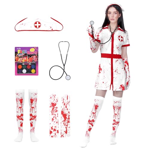 Angenster Blutige Krankenschwester Kostüm, Halloween Kostüm Damen Zombie Nurse Costume Kleid mit Hut Stethoskop Handschuhe Strümpfe Theaterschminke, Nurse Horror Kostüm für Erwachsener (Damen, L) von Angenster