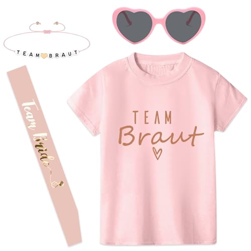 Angenster Braut Tshirt Set, Jga Shirt Frauen für Braut & Teams Braut Tshirt mit Jga Armbänder Brille und Jga Schärpe, Junggesellenabschied Frauen T-shirt für Hochzeit Parties (Rosa B, L) von Angenster