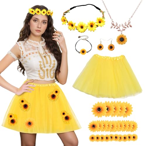 Angenster Damen Sonnenblumen Kostüm Set, Karneval Kostüm Sonnenblumen Kostüm mit Tüllrock Gelb Sonnenblumen Haarschmuck und Halsketten, Blumen Kostüm Damen für Karneval Fasching Mottoparty von Angenster