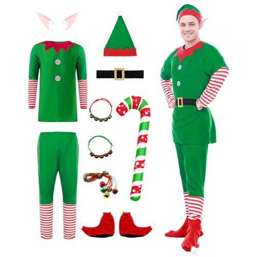 Angenster Elfenkostüm-Set, Weihnachtselfenkostüm für Erwachsene, 14-teilig, rote und grüne Elfen-Outfits mit Hut, Gürtel, Ohrballon, Halskette, Armband, Familienpaar, Weihnachts-Kostüm-Outfit (Herren, von Angenster