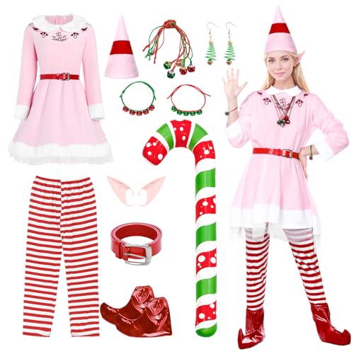 Angenster Elfenkostüm für Erwachsene, Weihnachtskostüme für Herren und Damen, Weihnachtselfenkostüm, Cosplay, Kumpel, Elfenkostüm mit Hut, Gürtel, Ohrkette, Ballon, Armband, Schuhüberzüge, Paar Xmas von Angenster