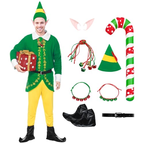 Angenster Elfenkostüm für Erwachsene, Weihnachtskostüme für Herren und Damen, Weihnachtselfenkostüm, Cosplay, Kumpel, Elfenkostüm mit Hut, Gürtel, Ohrkette, Ballon, Armband, Schuhüberzüge, Paar Xmas von Angenster