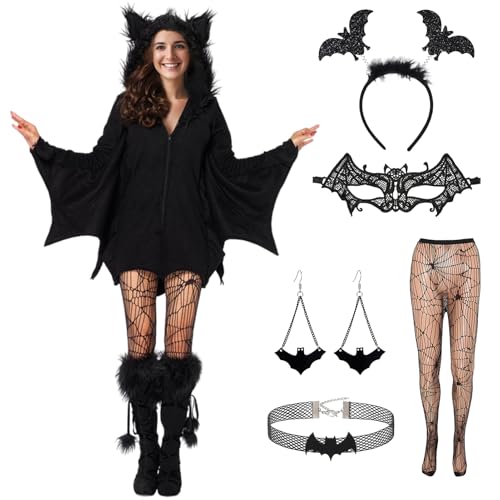 Angenster Fledermaus Kostüm Damen, 6 Pcs Halloween Kostüm Damen Fledermäuse Cosplay Hexen Outfit mit Kapuze Maske Netzstrümpfe Stirnband Ohrringe Kragen, Bat Vampir kostüm für Erwachsene (Damen, L) von Angenster