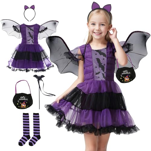 Angenster Fledermaus Kostüm Mädchen, Halloween Kostüm Kinder Hexenkostüm Mädchen Lila Kleid mit Flügel Haarreif Zauberstab Handtasche, Fledermaus Hexe Kostüm für Halloween Karneval (Lila, 150) von Angenster