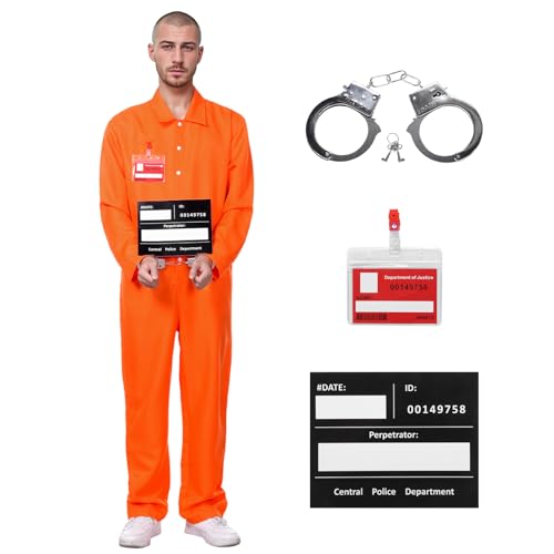 Angenster Gefängnis Kostüm Orange, Prisoner Kostüm Herren Häftling Kostüm mit Orange Overalls Handcuffs Informationstafeln Namensschild, Sträfling Kostüm Häftling Outfit für Halloween (Orange, M) von Angenster