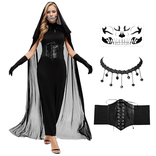 Angenster Geisterbraut Kostüm Damen, Halloween Kostüm Damen Gruselig Schwarz Hexenkostüm Damen mit Umhang Korsett Halsketten Handschuhe Tattoos, Horror Braut Kostüm Damen für Halloween (Schwarz, XL) von Angenster