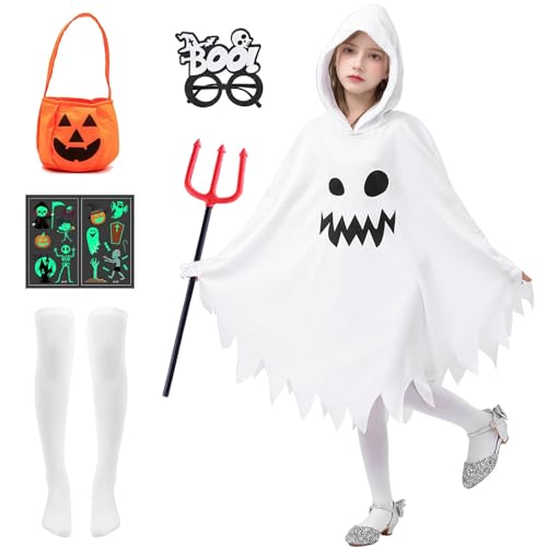 Angenster Gespenst Kostüm Kinder, Halloween Kostüm Kinder Weißes Geist Umhang mit Brille Teufelsgabel Beket Strümpfe Aufkleber, Gruselig Geister Kostüm Kinder Ghost Fancy Dress, 2 Farben (Weiß, S) von Angenster