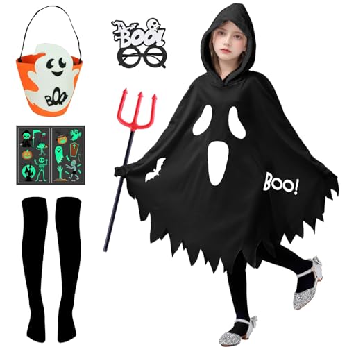 Angenster Gespenst Kostüm Kinder, Halloween Kostüm Kinder Weißes Geist Umhang mit Brille Teufelsgabel Beket Strümpfe Aufkleber, Gruselig Geister Kostüm Kinder Ghost Fancy Dress, 2 Farben (Schwarz, XS) von Angenster