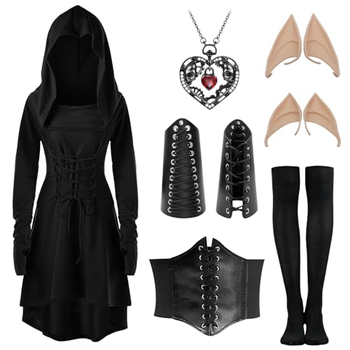 Angenster Gothic Kleid Damen Set, Mittelalter Kleidung Damen Renaissance Kleid mit Kapuze Korsett Gürtel Armschienen Halskette Elfenohren Strumpf, Gothic Kostüm für Halloween Karneval (Schwarz, XXL) von Angenster