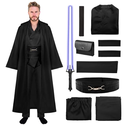 Angenster Halloween-Kostüm für Erwachsene, Krieger-Kostüm, Sky-Walker-Kostüm, schwarzer Kapuzenumhang mit Tunika, Hose, Lendenschurt, Schulterriemen, Gürteltasche, Wars-Uniform-Set für Halloween, von Angenster