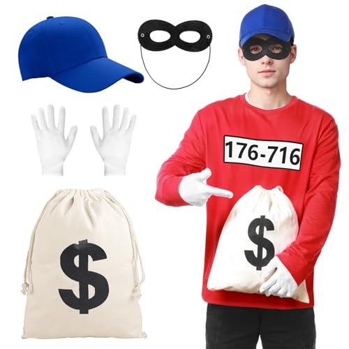 Angenster Herren Bankräuber Kostüm T-Shirt, Panzerknacker Kostüm Karneval Outfit mit Langarm-Shirt Maske Handschuhe, T-Shirt Herren Banditen Fasching Karneval Kostüme für Herren Damen (Stil A, XXL) von Angenster