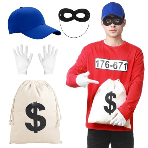 Angenster Herren Bankräuber Kostüm T-Shirt, Panzerknacker Kostüm Karneval Outfit mit Langarm-Shirt Maske Handschuhe, T-Shirt Herren Banditen Fasching Karneval Kostüme für Herren Damen (Stil B, XXL) von Angenster