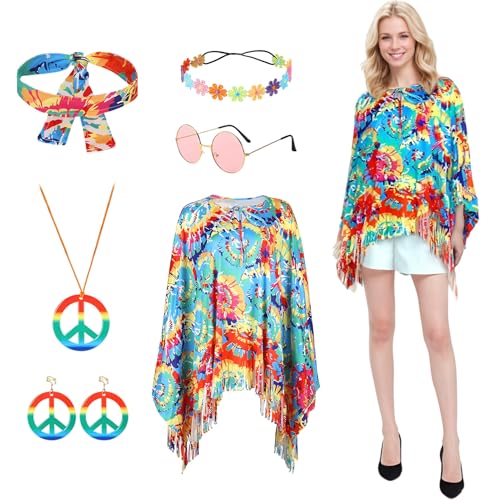 Angenster Hippie Kostüm Damen Set, Karneval Kostüm Damen 60er 70er Hippie Kostüm mit Hippie Poncho Halskette Stirnband und Hippie Sonnenbrillen, 70er Jahre Outfit Damen für Karneval Fasching von Angenster