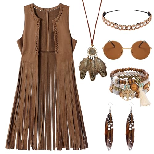 Angenster Hippie Kostüm Set Damen, 60er 70er Hippie Costume mit Ohrringe Armbänder und Hippie Halsketten Hippie Kostüm Accessoires, Bohemian Hippie Kostüm für Karneval Fasching Outfit (Stil A, XL) von Angenster