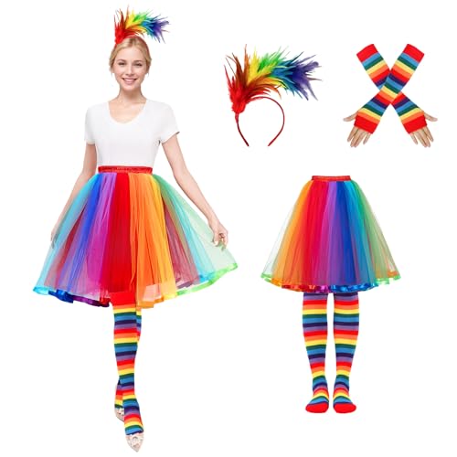 Angenster Karneval Regenbogen Kostüm Damen Set, Tüllrock Damen Kostüm Damen Fasching mit Feder Haarreif Bunt Hosenträger Tütü Damen Regenbogen Kniestrümpfe, Tüllrock Bunt Clown Kostüm für Fasching von Angenster