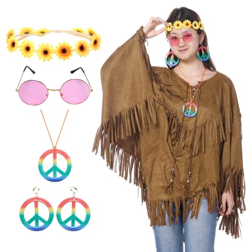 Angenster Kostüm Indianerin für Damen, Poncho Kostüm Indianer Damen Karneval Kostüm mit Haarbänder Ohrringe und Halsketten, Doppelte Lagen Poncho Indianermädchen Outfit Boho für Karneval Fasching von Angenster