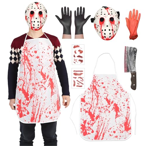 Angenster Metzger Kostüm Set, Halloween Kostüm Herren Gruselig Zombie Kostüm Blutige Schürze mit Horror Maske Spielzeugmesser Handschuhe Narben Tattoos, Schlachter Kostüm für Damen Herren (Weiß B, F) von Angenster