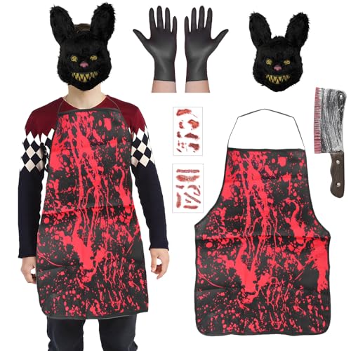 Angenster Metzger Kostüm Set, Halloween Kostüm Herren Gruselig Zombie Kostüm Blutige Schürze mit Horror Maske Spielzeugmesser Handschuhe Narben Tattoos, Schlachter Kostüm für Damen Herren (Schwarz, F) von Angenster