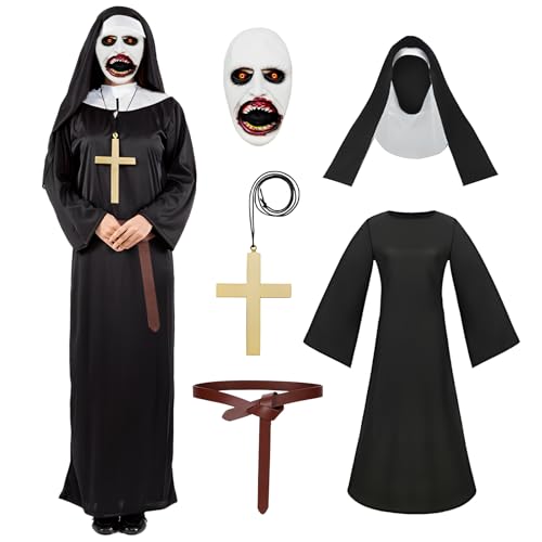 Angenster Nonnen Kostüm Damen, Halloween Kostüm Damen Nun Kostüm Set Nonne Outfit mit Haube Scary Maske Kreuz Halskette Gürtel, Horror Nonne Kostüm für Halloween Karneval (Schwarz, L) von Angenster