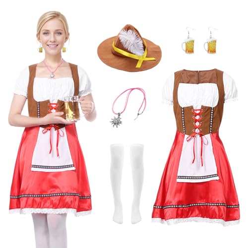 Angenster Oktoberfest Outfit Damen, Dirndl Kleid Damen Traditionelle Bayerische Tracht mit Oktoberfest Hut Ohrringe Halskette Strümpfe, Oktober Festival Kostüm Damen Deutsche Verkleidung (Rot, L) von Angenster