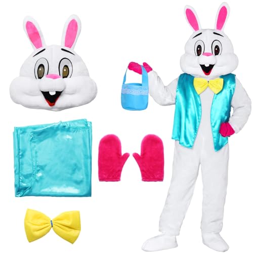 Angenster Osterhase Kostüm für Erwachsene, Ostern Party Hase Cartoon Kostüm Hasen-Kostüm mit Blaue Weste Fliege und Korb, Maskottchen-Kostüm Fancy Dress für Ostern Maskerade (Stil A, F) von Angenster