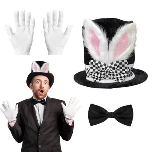 Angenster Ostern Motorhaube Hut, Ostern Hasenohren Zylinder Hut Erwachsene Kostüm Herren Damen Party Hüte mit Handschuhen Zubehör, Samt Ostern Motorhaube Hut Verkleidung Set für Karneval Ostern (Stil von Angenster