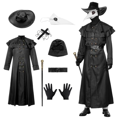 Angenster Pest Doktor Cosplay Set, Mittelalter Outfits Pest Arzt Kostüm mit Vogelmaske Handschuhe Hand Cane Halskette Ledertasche, Steampunk Kleid Halloween Kostüm für Erwachsene (Herren, S) von Angenster