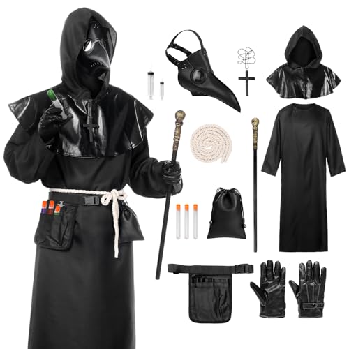 Angenster Pestarztkostüm für Erwachsene, Pestdoktor Cosplay mit medizinischer Pest-Maske Zepter Halskette mit Kreuz Gürteltasche Spritzen Reagenzgläser Halloween-Kostüme (Schwarz, XL) von Angenster