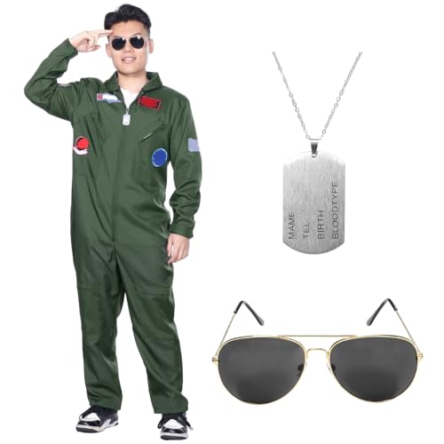 Angenster Pilot Kostüm Set für Erwachsene, Piloten Kostüm Herren Kampfjet Pilot Kostüm Flieger Outfit mit Overall Handschuhe Halsketten Brille, Pilotenanzug Uniform für Karneval Halloween (Grün, L) von Angenster