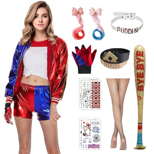 Angenster Quinn Kostüm Set, Halloween Harley Kostüm mit Jacke T-Shirt Shorts Handschuhe Perücke Gürtel Netzstrümpfe Ballon Tattoo Joker Kostüm für Halloween (Dame, L) von Angenster