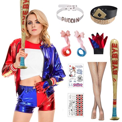 Angenster Quinn Kostüm Set, Halloween Harley Kostüm mit Jacke T-Shirt Shorts Handschuhe Perücke Gürtel Netzstrümpfe Ballon Tattoo Joker Kostüm für Karneval (Dame, L) von Angenster