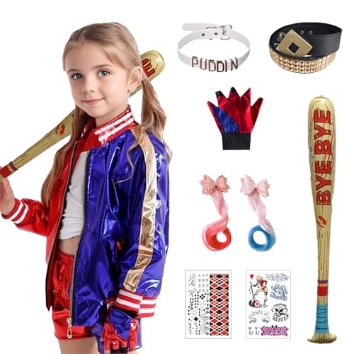 Angenster Quinn Kostüm Set, Halloween Harley Kostüm mit Jacke T-Shirt Shorts Handschuhe Perücke Gürtel Netzstrümpfe Ballon Tattoo Joker Kostüm für Karneval (Mädchen, 110) von Angenster