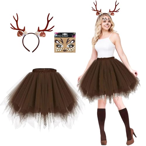 Angenster Reh Kostüm Damen Kleid Set, Damen Geweih Kostüm Karnevalskostüm Damen mit Tüllrock Braun Aufkleber und Geweih, Rentier Kostüm Erwachsene für Karneval Halloween Damen (M) von Angenster