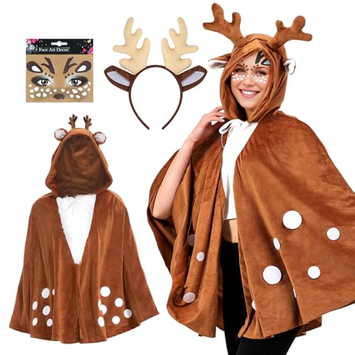 Angenster Rentier Cape Kostüm Set, 3 Stück Damen Geweih Kostüm Rentier Karneval Damenkostüm mit Rentier Ohren und Reh Cape Aufkleber, Reh Kostüm Damen für Karneval Halloween Cosplay von Angenster