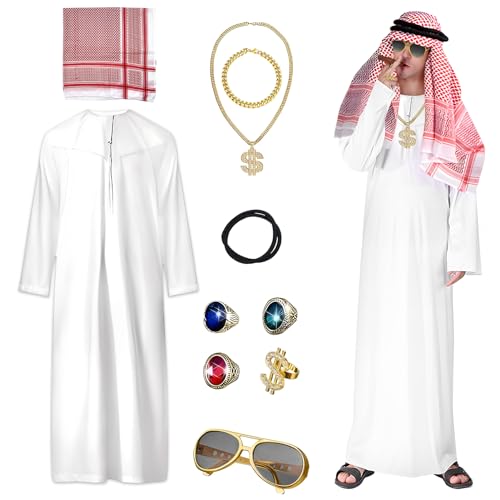 Angenster Scheich Kostüm Herren Set, Araber Kostüm Karneval Kostüm Herren mit Kopftuch Edelstein-Ringe und Halsketten Armbänder, Arabisches Kostüm Herren für Karneval Fasching Kostüm (L) von Angenster