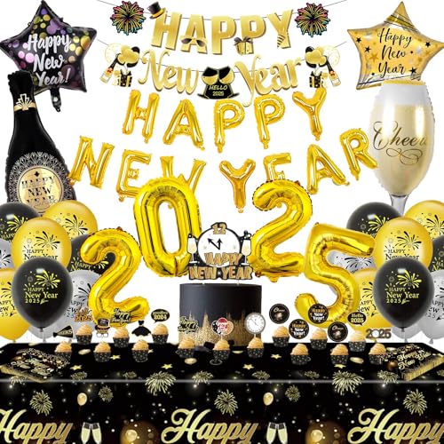 Angenster Silvesterdekorationen 2025, 63 Stück Silvesterpartyzubehör mit Happy New Year Banner Schwarz und Gold Luftballons Tischdecke Schwarz, Neujahrsdekorationen 2025 für Silvester von Angenster