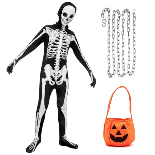 Angenster Skelett Kostüm Kinder, Halloween Kostüm Kinder Skelett Onesie Dark Sensenmann Kostüm Kinder mit Skelett Maske Eimer Kette, Halloween Skelett Kostüm für Jungen und Mädchen (Stil A, 130) von Angenster