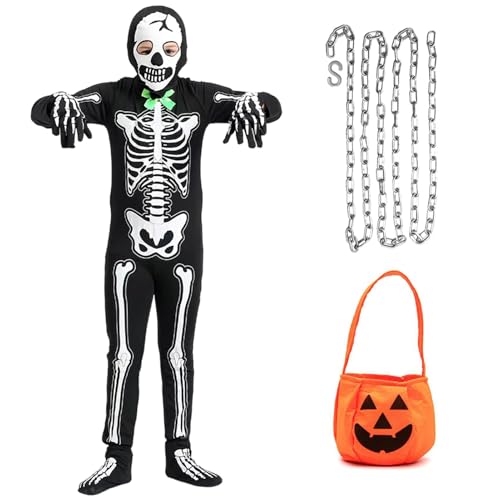 Angenster Skelett Kostüm Kinder, Halloween Kostüm Kinder Skelett Onesie Dark Sensenmann Kostüm Kinder mit Skelett Maske Eimer Kette, Halloween Skelett Kostüm für Jungen und Mädchen (Stil B, 140) von Angenster