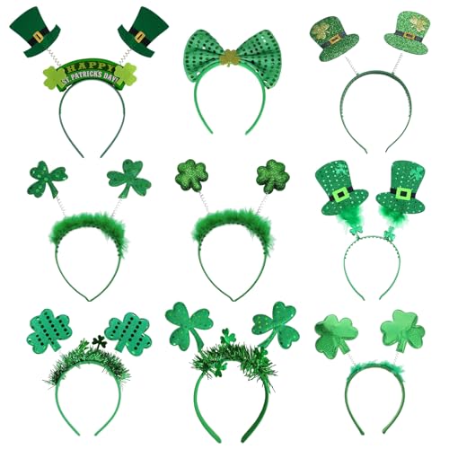 Angenster St. Patricks Day Zubehör, St. Patrick's Day Stirnbänder-Set, grünes Kleeblatt, Haarreifen, irische Foto-Requisiten, Kostüm-Haarschmuck für Kinder und Erwachsene, 9 Stück von Angenster